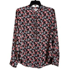 Whistles Red Black Cherry Apple Print Long Sleeve Collarless Blouse US Size 8